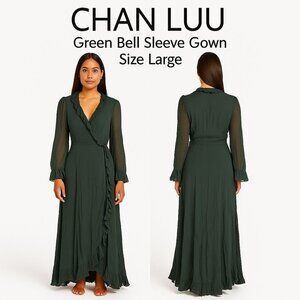 Chan Luu Emerald Green Sheer Long Sleeve Ruffle Wrap Maxi Gown – Size Large
